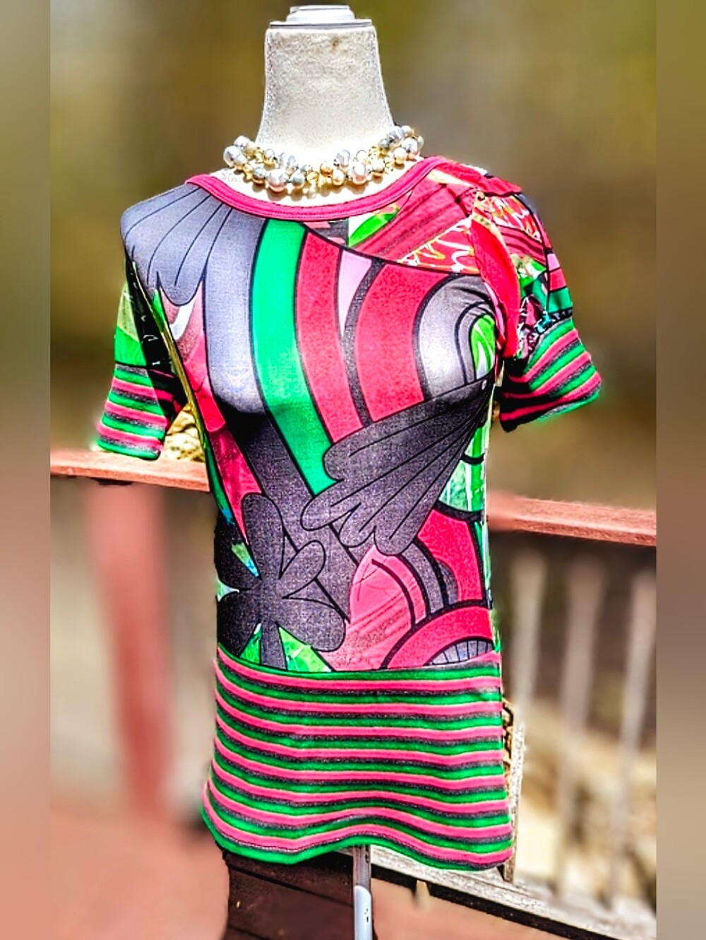 Women’s Multicolor Graphic Stripe Blouse - Green Pink